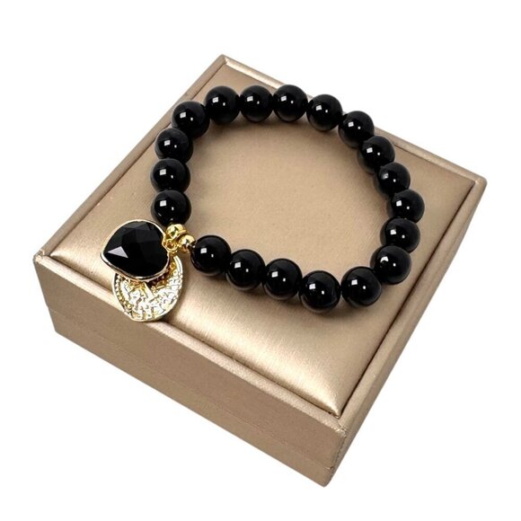 New Natural Black Onyx Beaded Stretch Bracelet Heart Coin Charm 18K Gold Plated - Picture 5 of 7